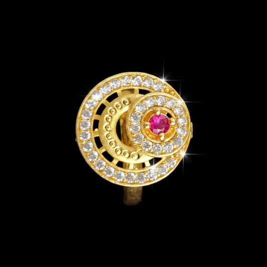 Designer Spiral Halo Ruby Stone Gold Polish Finger Ring with AD CZ Accents | Premium Jewellery for Women