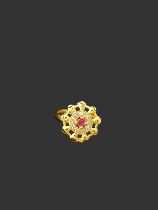 Floral Ruby Stone Gold Polish Finger Ring with AD CZ Halo | Premium 1 Gram Jewellery for Women