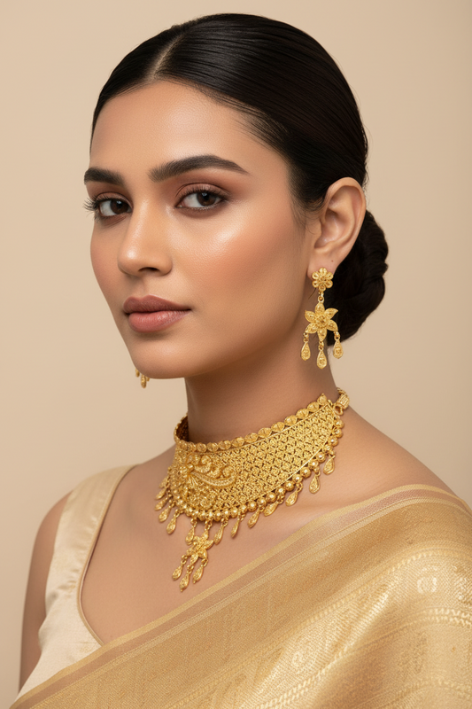 22K Gold Plated Floral Drop Choker Necklace Set | Traditional Wedding Jewellery for Women