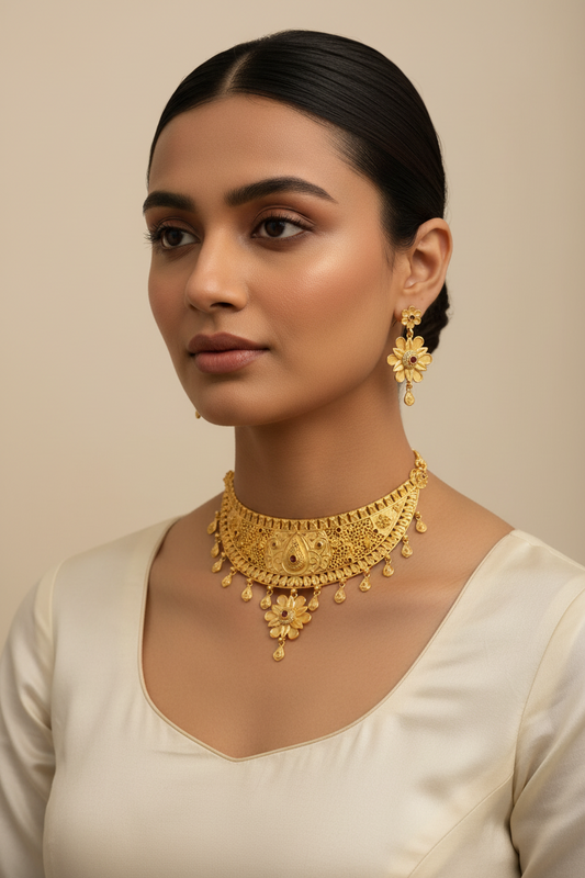 22K Gold Plated Floral Ruby AD Choker Necklace Set
