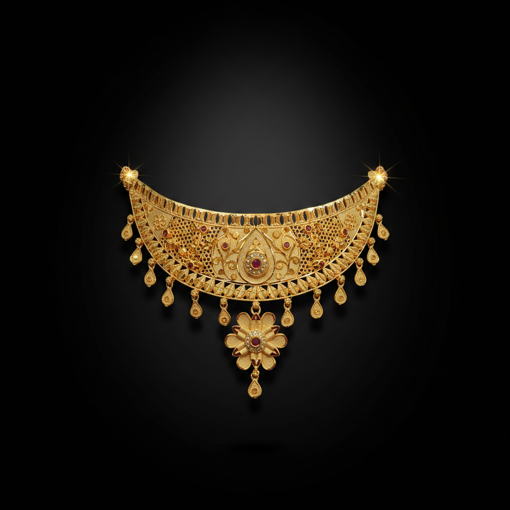 22K Gold Plated Floral Ruby AD Choker Necklace Set
