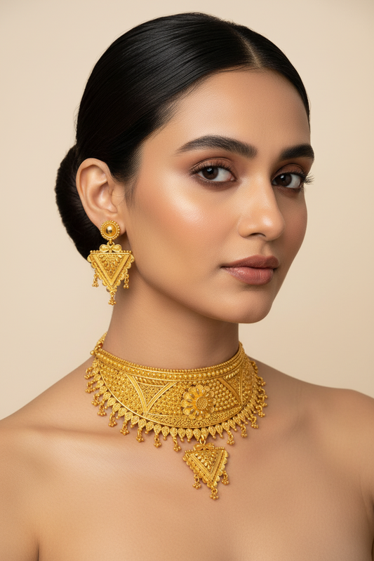 22k Gold Plated Floral Geometric Choker Necklace Set