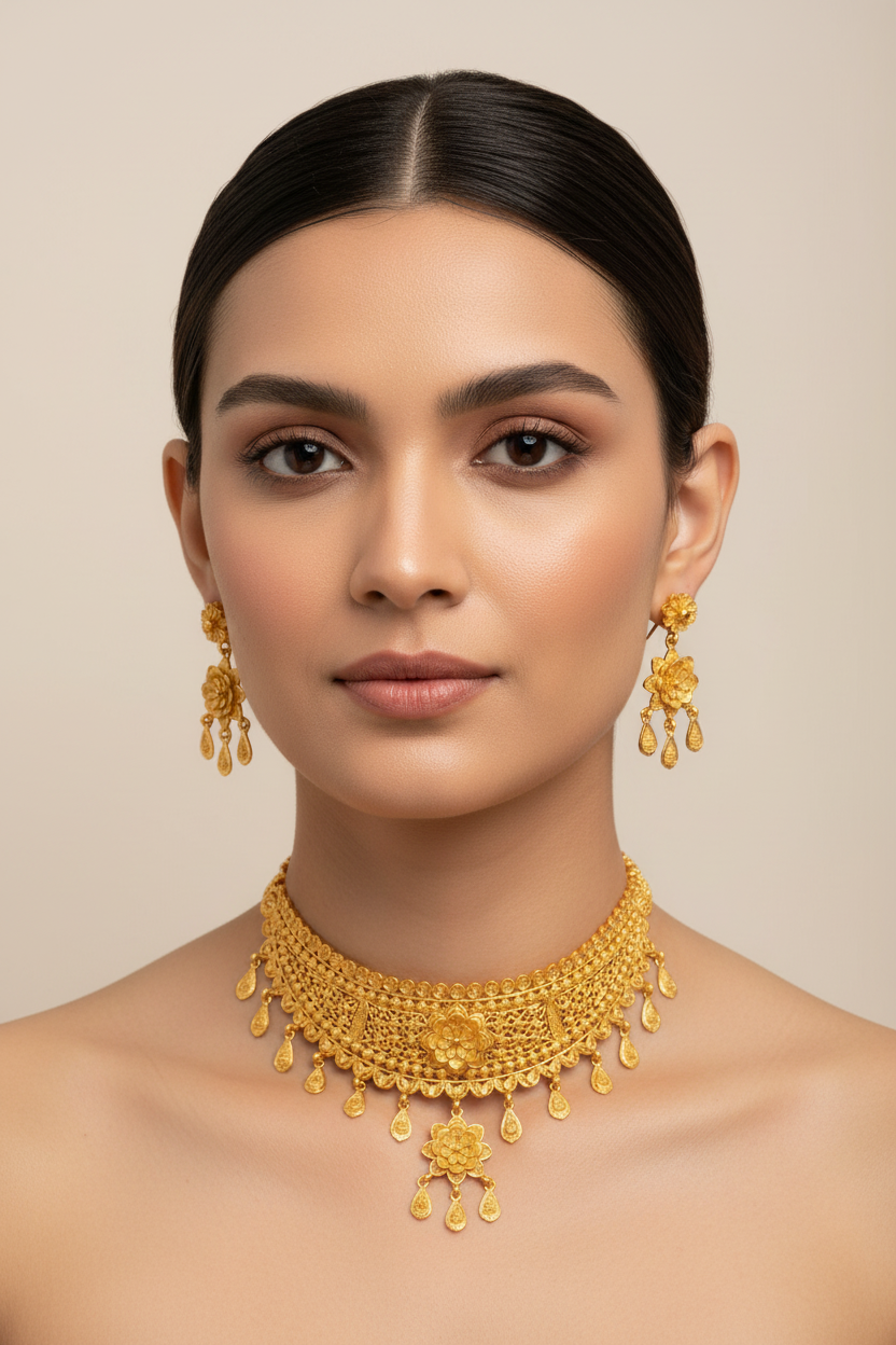 22K Gold Plated Floral Mesh Choker Necklace Set