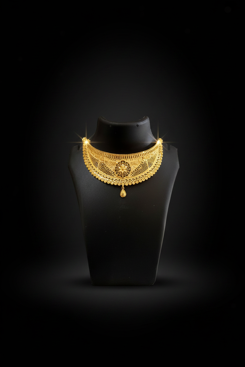 22K Gold Plated Floral Filigree Choker Necklace Set | VINDRA