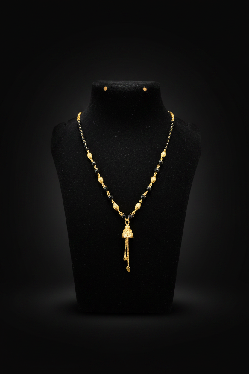 Elegant Black Beaded Mangalsutra with Bell Pendant – 1 Gram Gold Jewellery