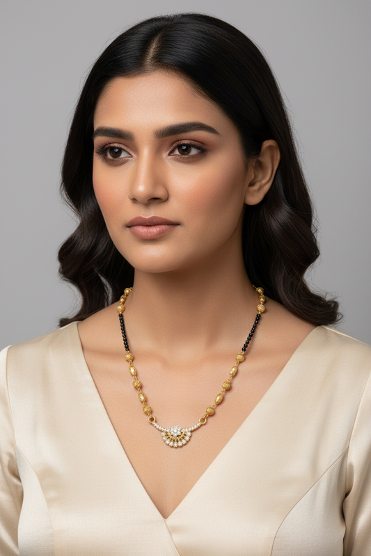 Elegant Floral Pendant Black Beaded Mangalsutra – 1 Gram Gold Jewellery