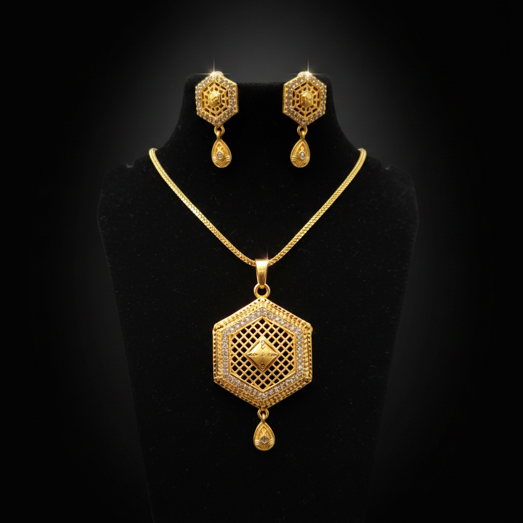 Elegant Hexagon Pendant Set with Earrings – 1 Gram Gold Jewellery