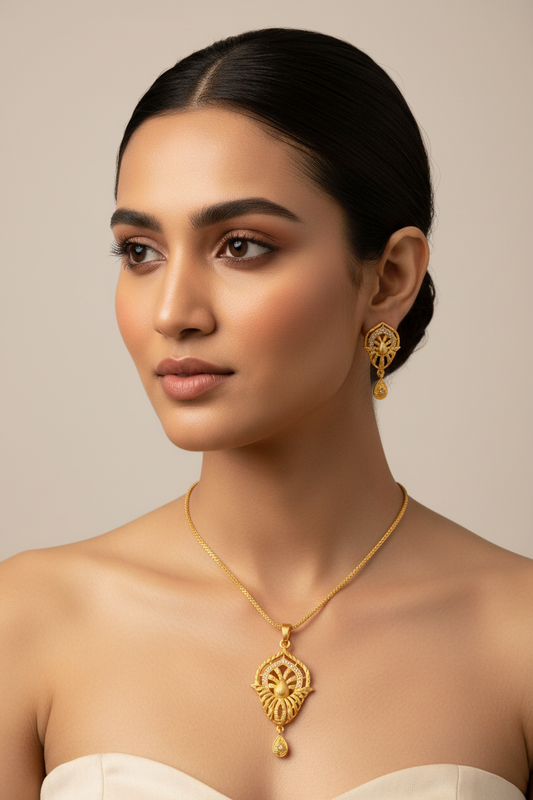 Elegant Leaf Design Pendant Set with Earrings – 1 Gram Gold Jewellery