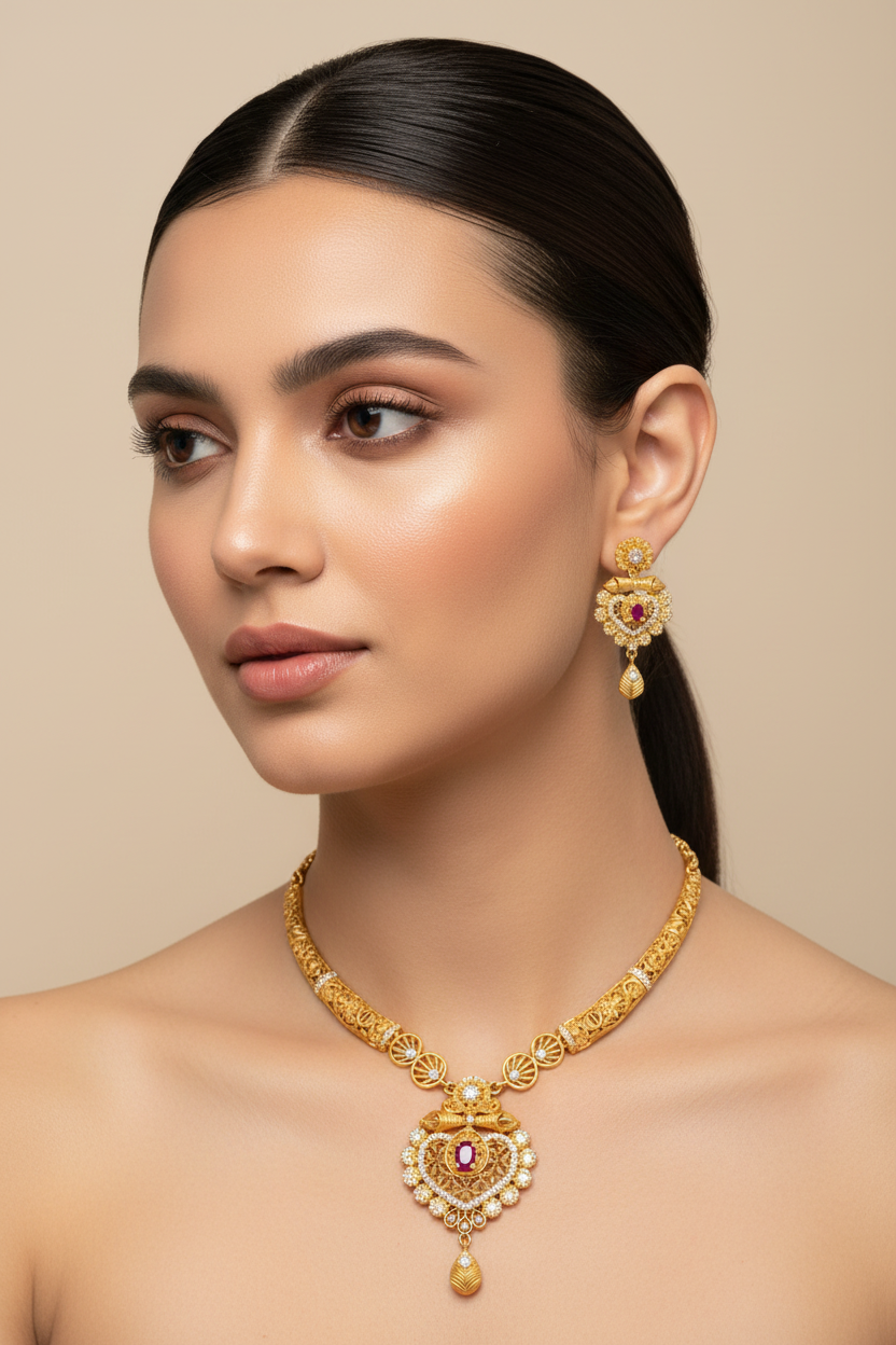 Antique Temple Design AD Necklace Set with Matching Earrings – 1 Gram Gold Jewellery