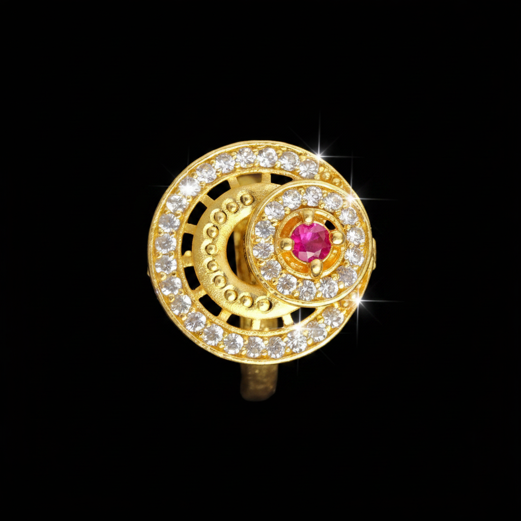 Designer Spiral Halo Ruby Stone Gold Polish Finger Ring with AD CZ Accents | Premium Jewellery for Women