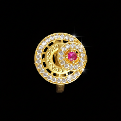 Designer Spiral Halo Ruby Stone Gold Polish Finger Ring with AD CZ Accents | Premium Jewellery for Women