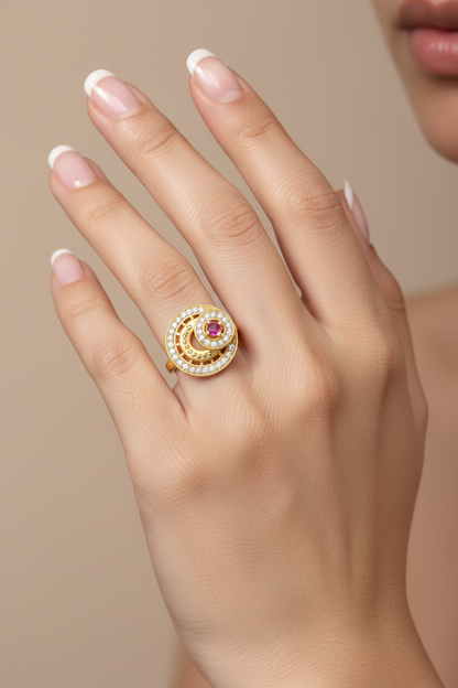 Designer Spiral Halo Ruby Stone Gold Polish Finger Ring with AD CZ Accents | Premium Jewellery for Women