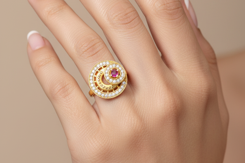 Designer Spiral Halo Ruby Stone Gold Polish Finger Ring with AD CZ Accents | Premium Jewellery for Women