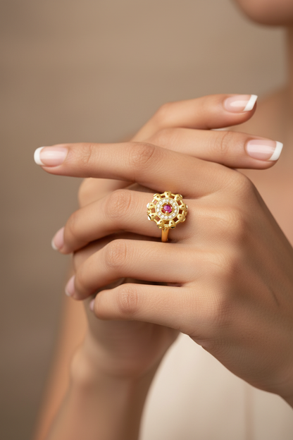 Floral Ruby Stone Gold Polish Finger Ring with AD CZ Halo | Premium 1 Gram Jewellery for Women