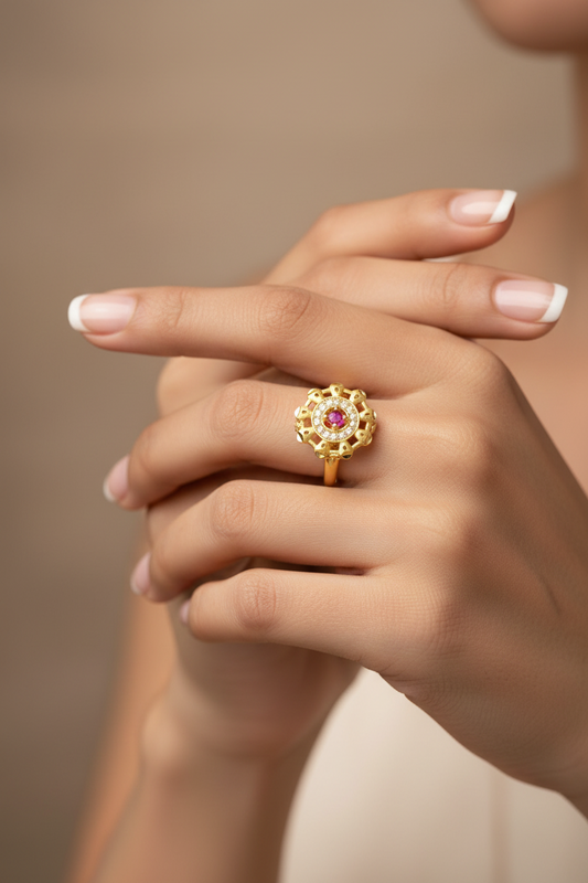 Floral Ruby Stone Gold Polish Finger Ring with AD CZ Halo | Premium 1 Gram Jewellery for Women