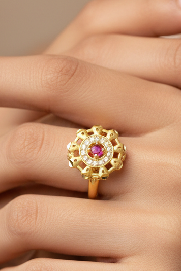 Floral Ruby Stone Gold Polish Finger Ring with AD CZ Halo | Premium 1 Gram Jewellery for Women