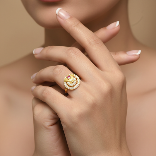 Designer Circular Ruby Stone Gold Polish Finger Ring with Dual AD Halo | Premium 1 Gram Jewellery for Women