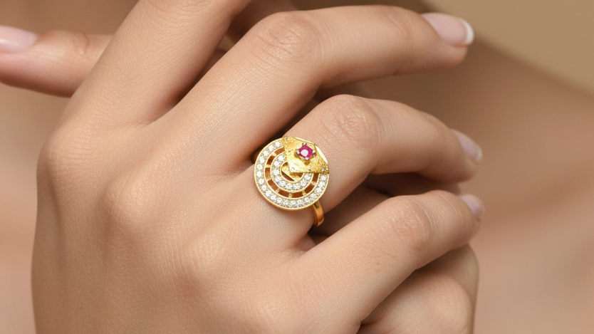 Designer Circular Ruby Stone Gold Polish Finger Ring with Dual AD Halo | Premium 1 Gram Jewellery for Women