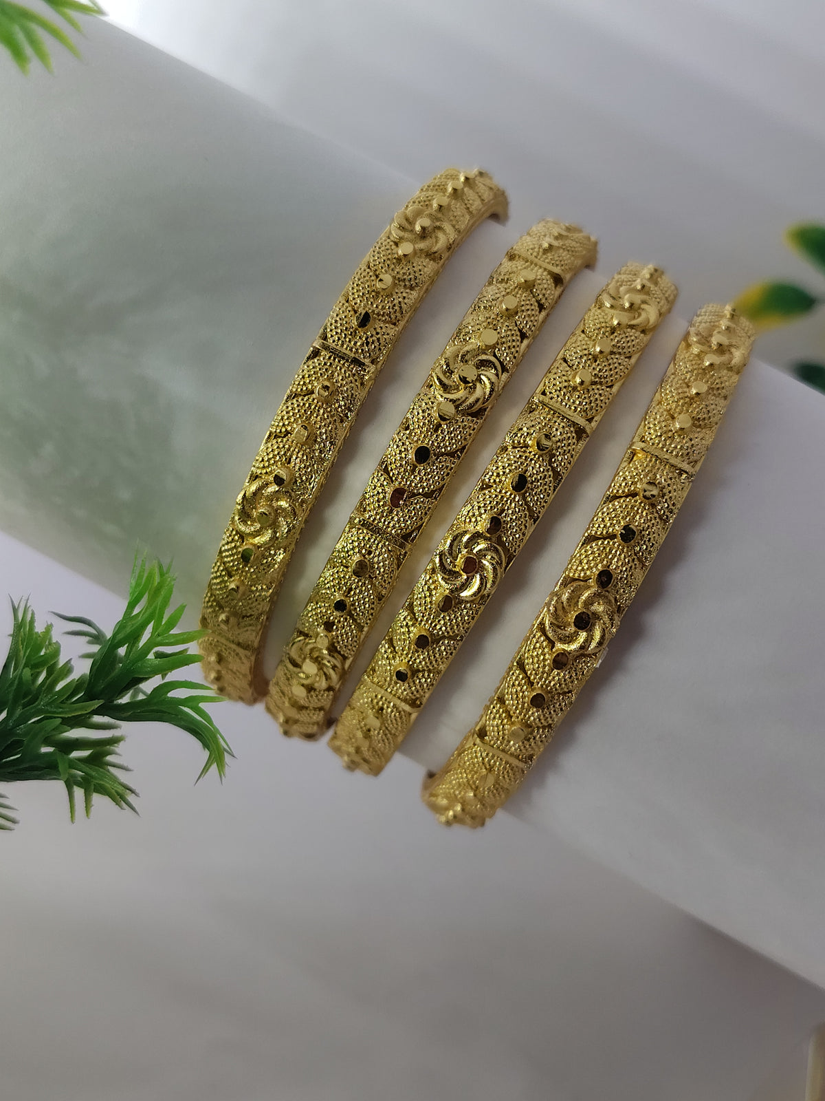Premium 1 Gram Gold Polish Floral Designer Bangles Set for Women (4 Pieces) | Traditional Daily Wear Jewellery