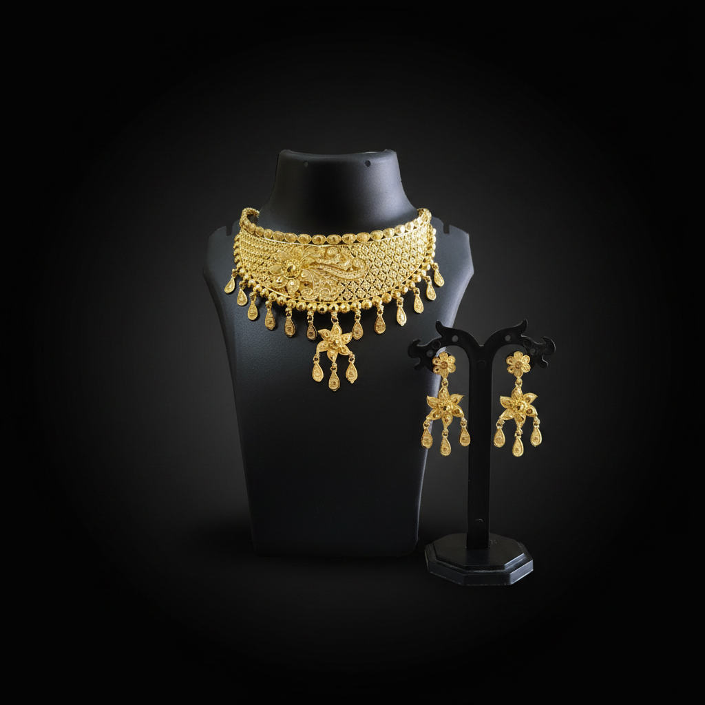 22K Gold Plated Floral Drop Choker Necklace Set | Traditional Wedding Jewellery for Women