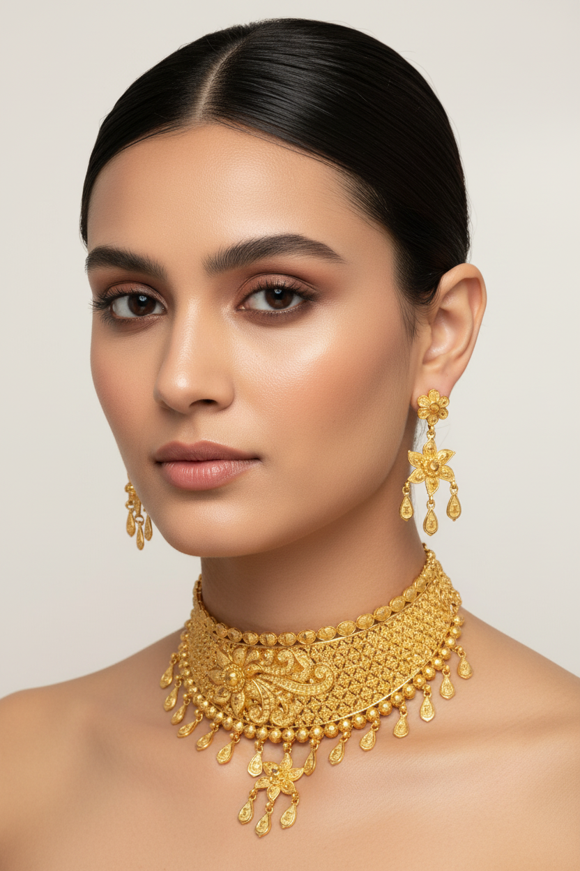 22K Gold Plated Floral Drop Choker Necklace Set | Traditional Wedding Jewellery for Women