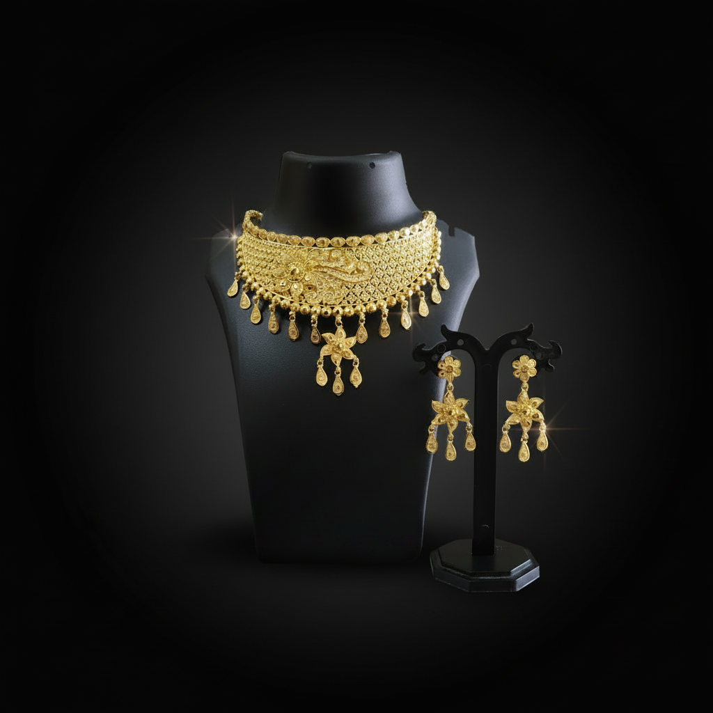 22K Gold Plated Floral Drop Choker Necklace Set | Traditional Wedding Jewellery for Women