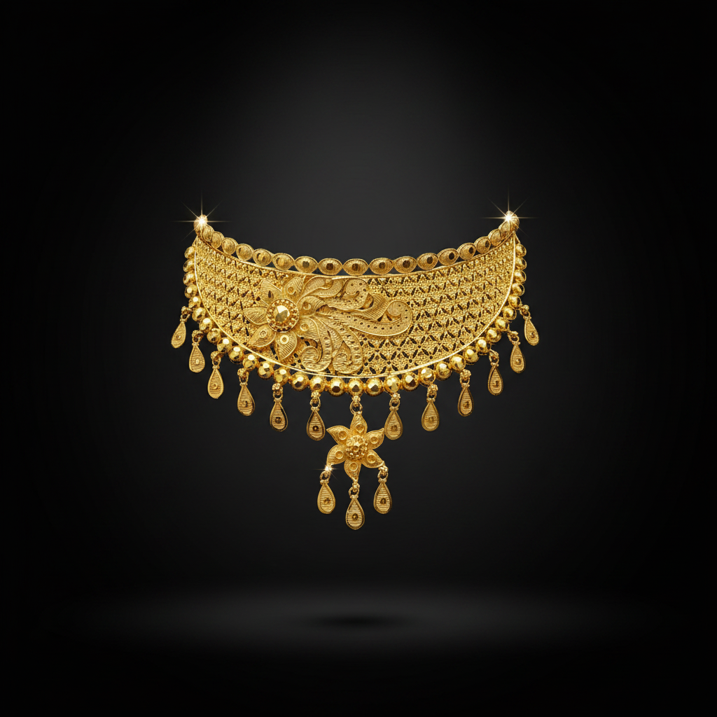 22K Gold Plated Floral Drop Choker Necklace Set | Traditional Wedding Jewellery for Women