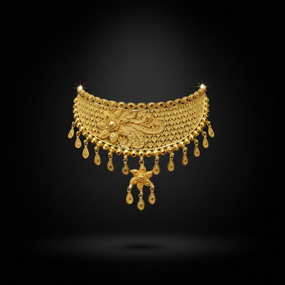 22K Gold Plated Floral Drop Choker Necklace Set | Traditional Wedding Jewellery for Women