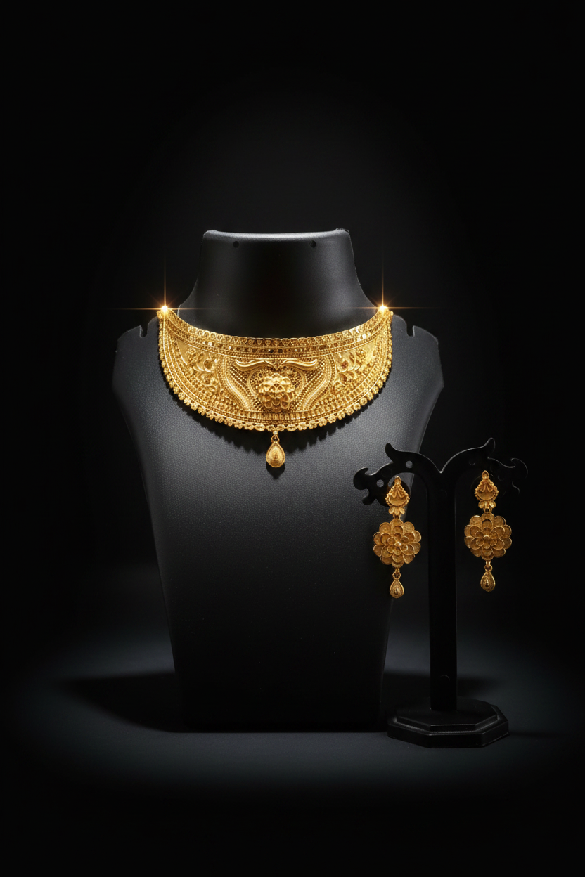 22K Gold Plated Heritage Floral Choker Necklace Set | Traditional Ethnic Jewellery for Women