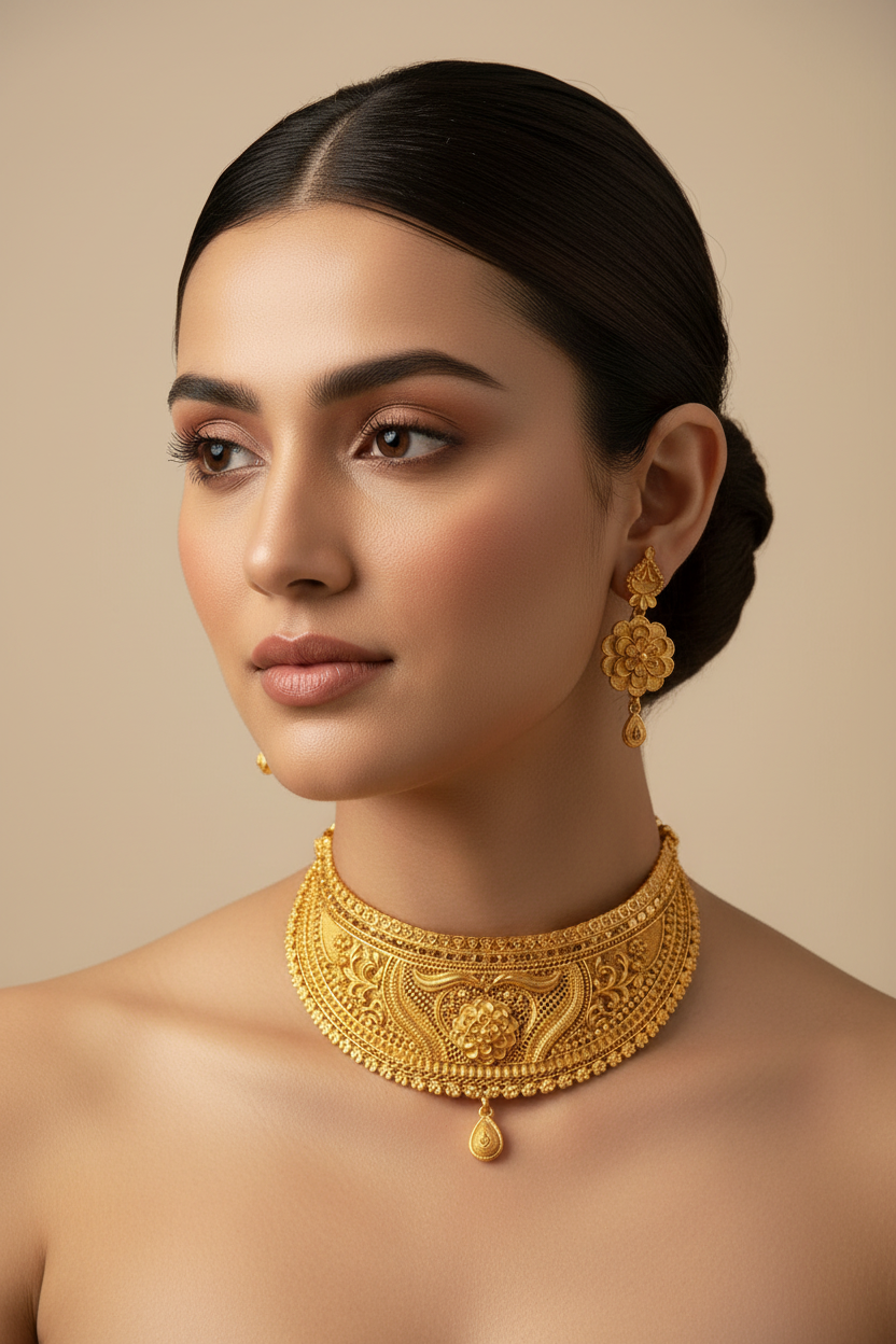 22K Gold Plated Heritage Floral Choker Necklace Set | Traditional Ethnic Jewellery for Women