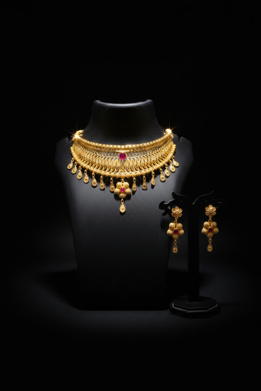 Royal Ruby-Red Layered Choker Necklace Set with Matching Earrings