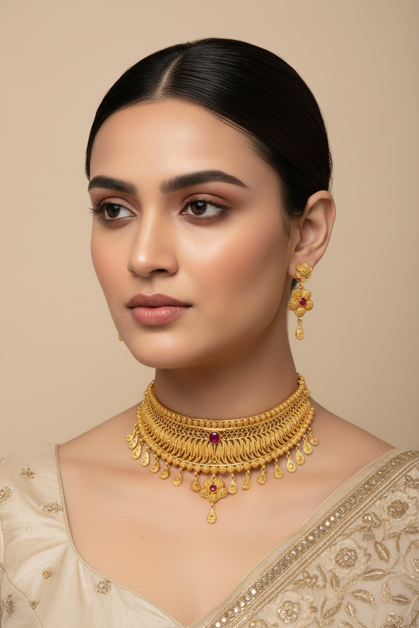 Royal Ruby-Red Layered Choker Necklace Set with Matching Earrings