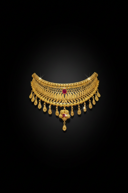 Royal Ruby-Red Layered Choker Necklace Set with Matching Earrings