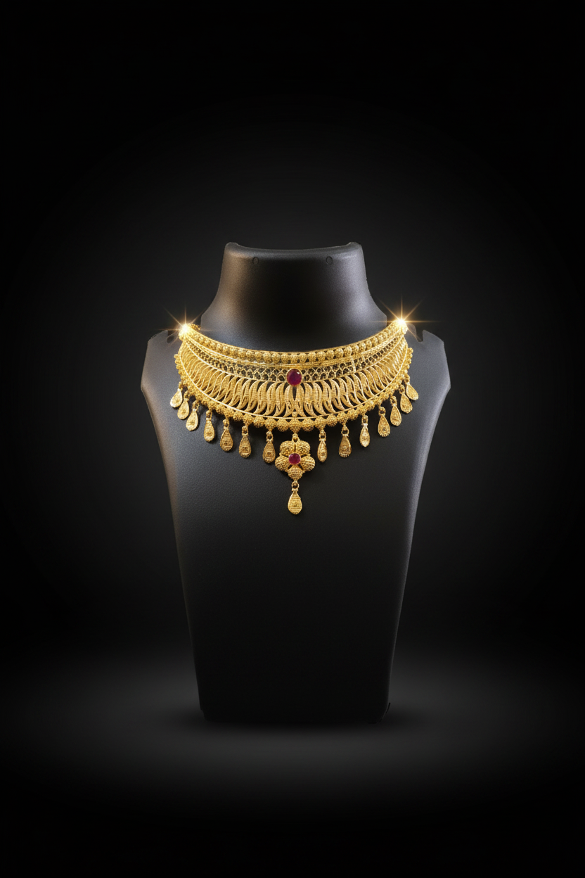 Royal Ruby-Red Layered Choker Necklace Set with Matching Earrings
