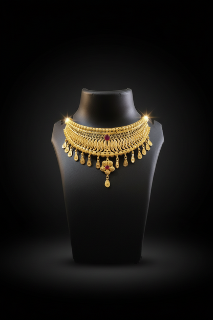 Royal Ruby-Red Layered Choker Necklace Set with Matching Earrings