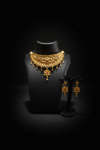 22K Gold Plated Floral Ruby AD Choker Necklace Set