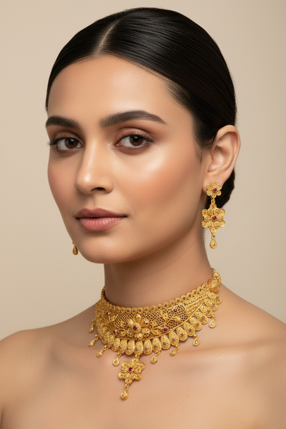 22K Gold Plated Floral Ruby AD Choker Necklace Set