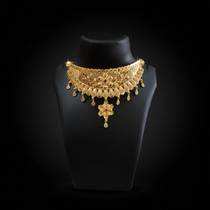 22K Gold Plated Floral Ruby AD Choker Necklace Set