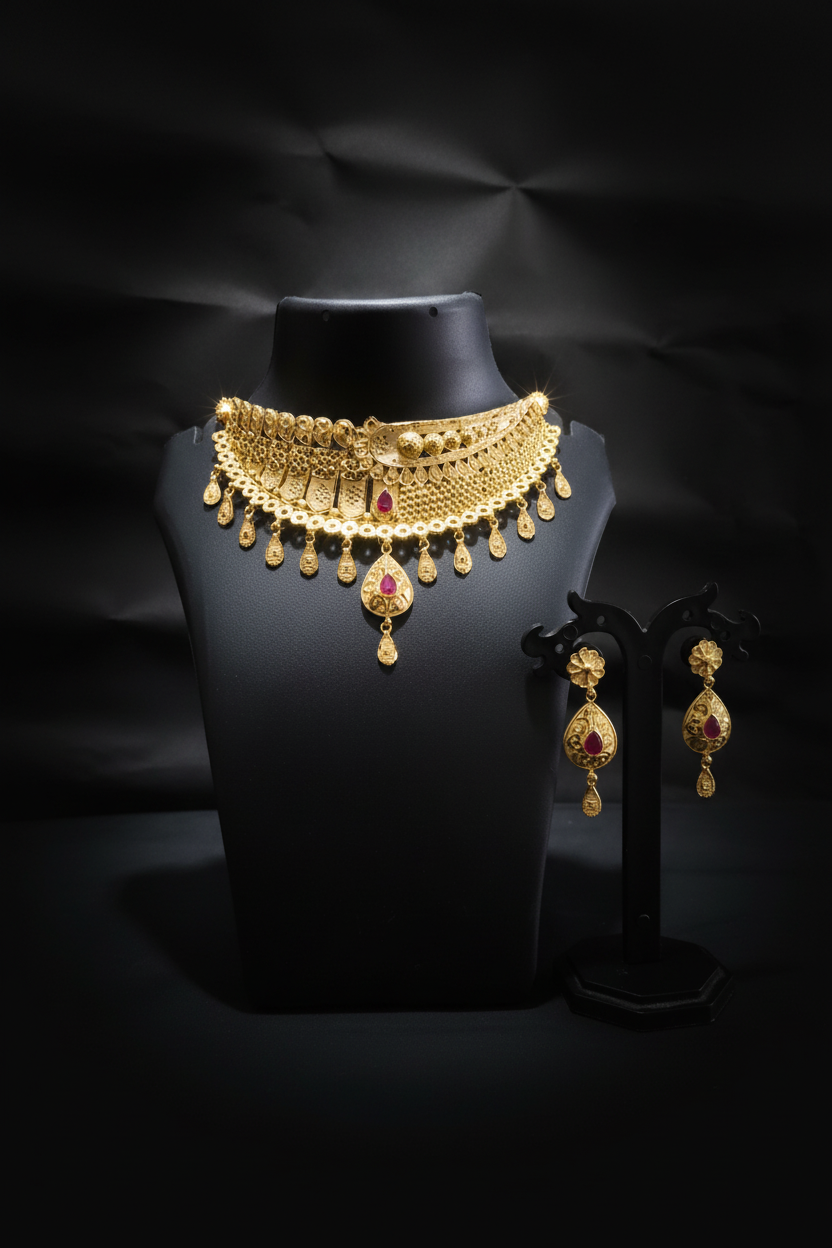 22K Gold Plated Ruby AD Teardrop Choker Set | VINDRA