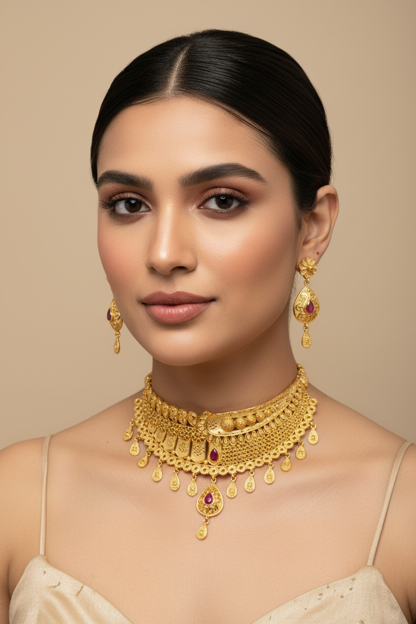 22K Gold Plated Ruby Teardrop AD Choker Necklace Set