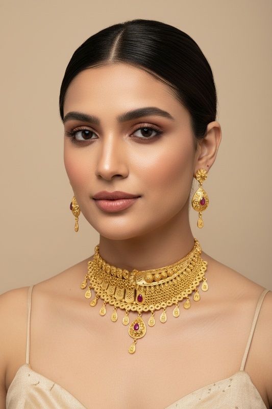 22K Gold Plated Ruby Teardrop AD Choker Necklace Set