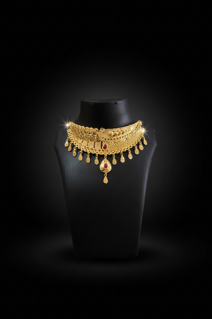 22K Gold Plated Ruby Teardrop AD Choker Necklace Set