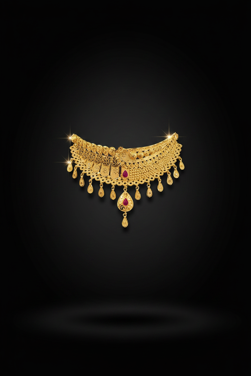 22K Gold Plated Ruby Teardrop AD Choker Necklace Set