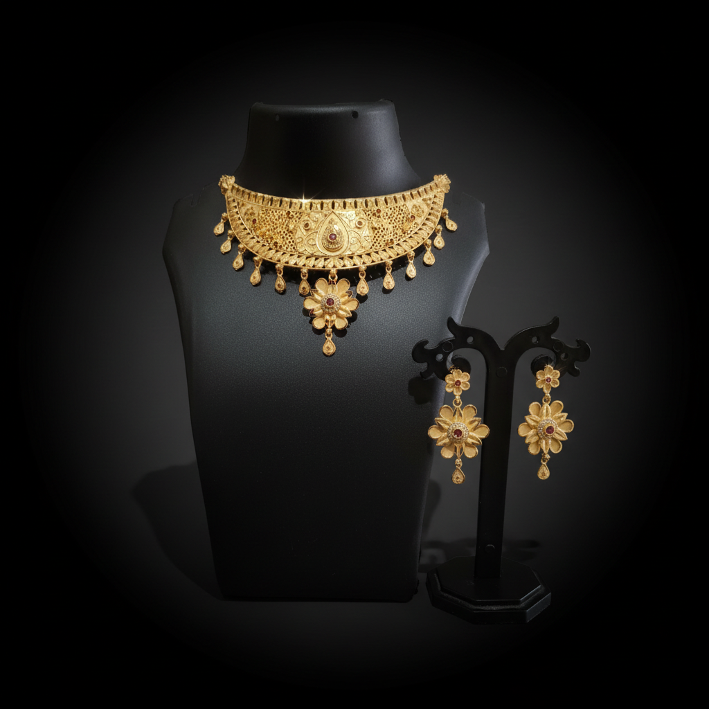 22K Gold Plated Floral Ruby AD Choker Necklace Set