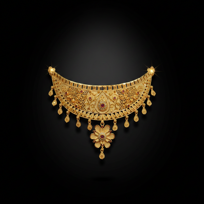 22K Gold Plated Floral Ruby AD Choker Necklace Set