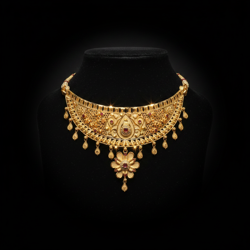 22K Gold Plated Floral Ruby AD Choker Necklace Set