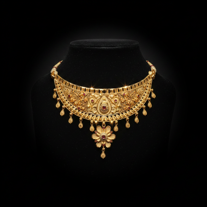 22K Gold Plated Floral Ruby AD Choker Necklace Set