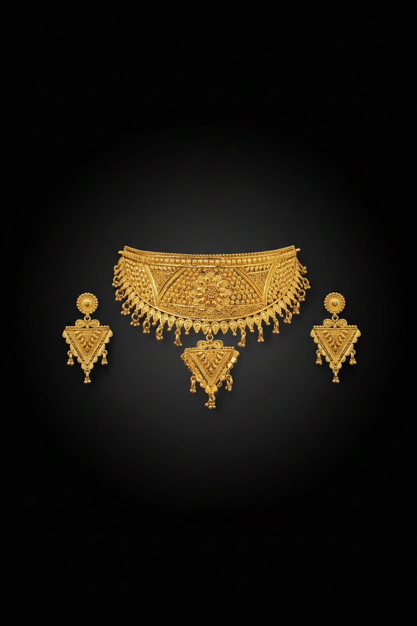 22k Gold Plated Floral Geometric Choker Necklace Set