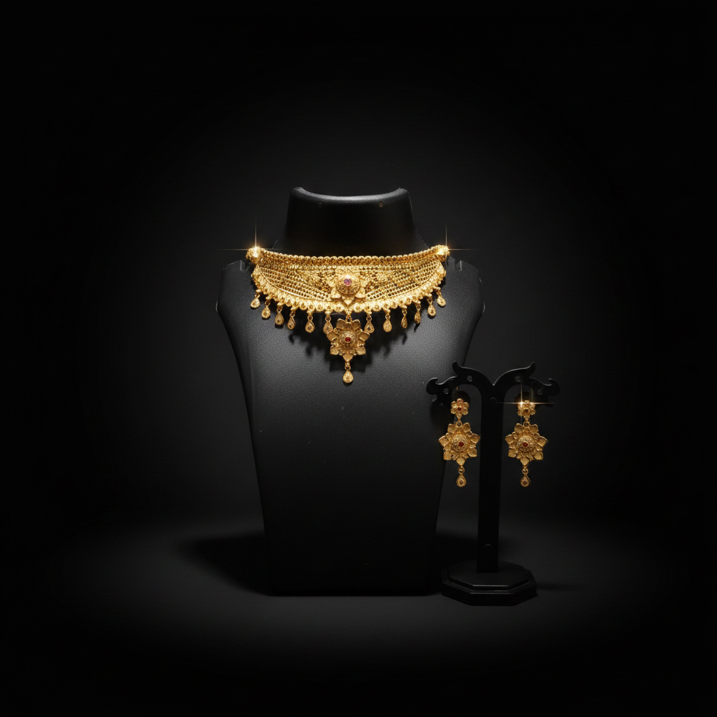 22K Gold Plated Ruby Floral AD Mesh Choker Necklace Set