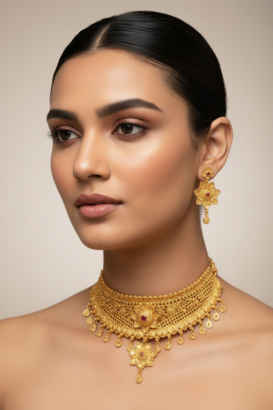 22K Gold Plated Ruby Floral AD Mesh Choker Necklace Set